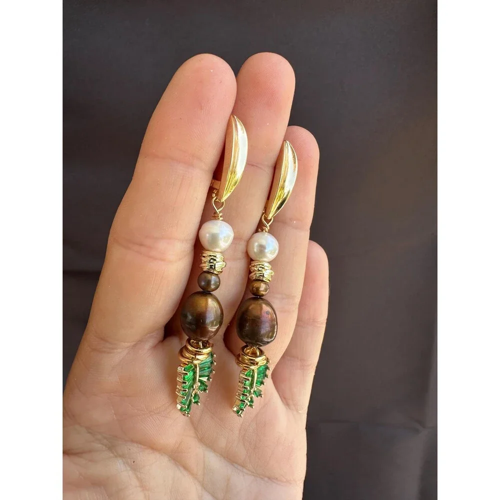 Nature-Inspired Leaf Long Dangle Earrings with Brown & white Freshwater Pearls -